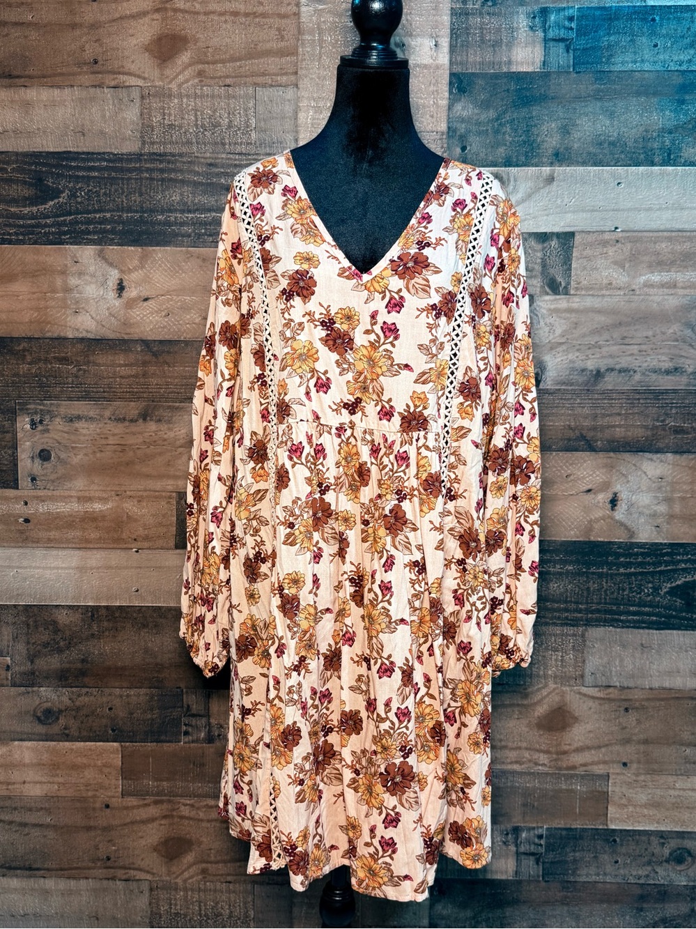 RusttyDustty Women’s Orange Brown Floral Tiered Dress XL Extra Large
